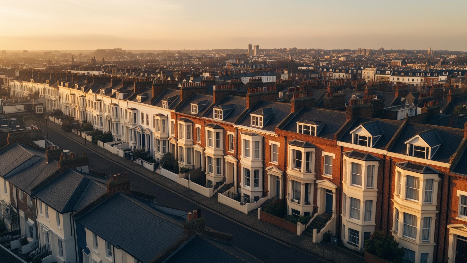 Aerial view of Portsmouth terraced houses at golden hour